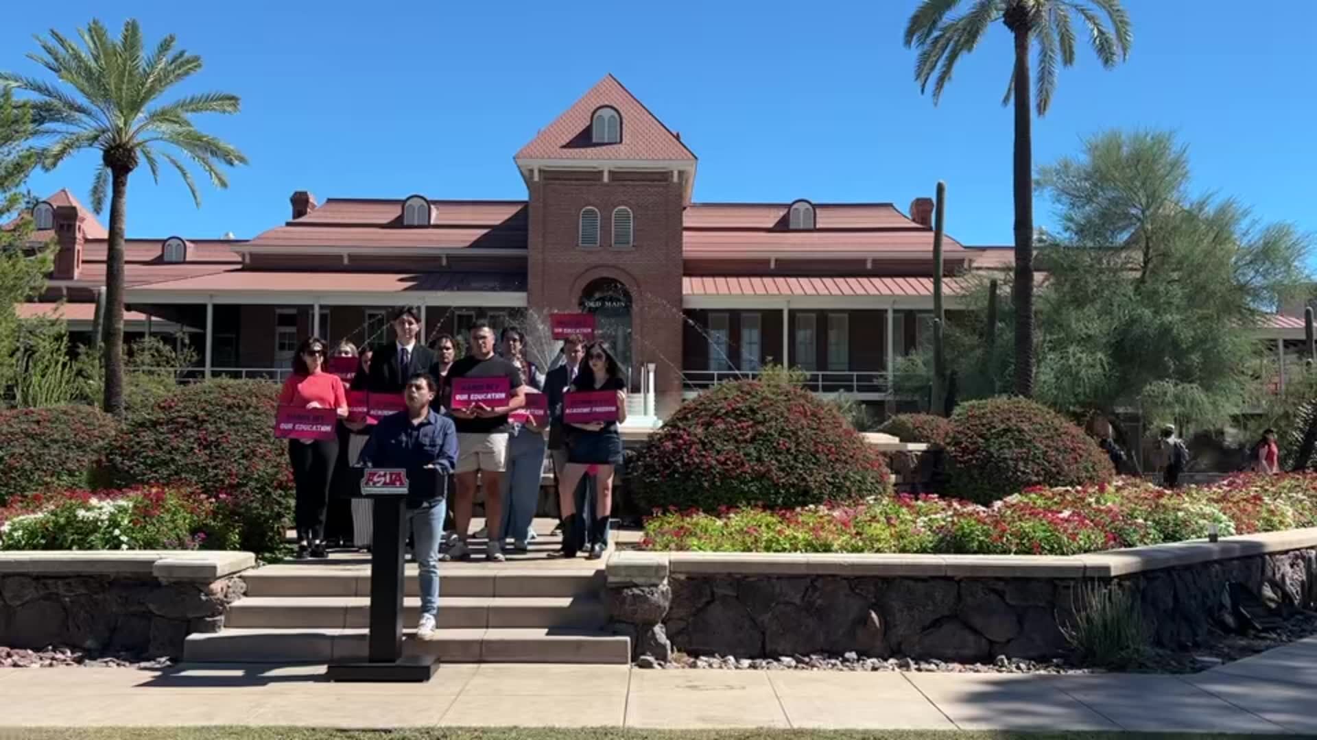 Eddie Barrón, UofA student body senator, speaks during a press conference against the White House’s “Compact for Academic Excellenceâ€